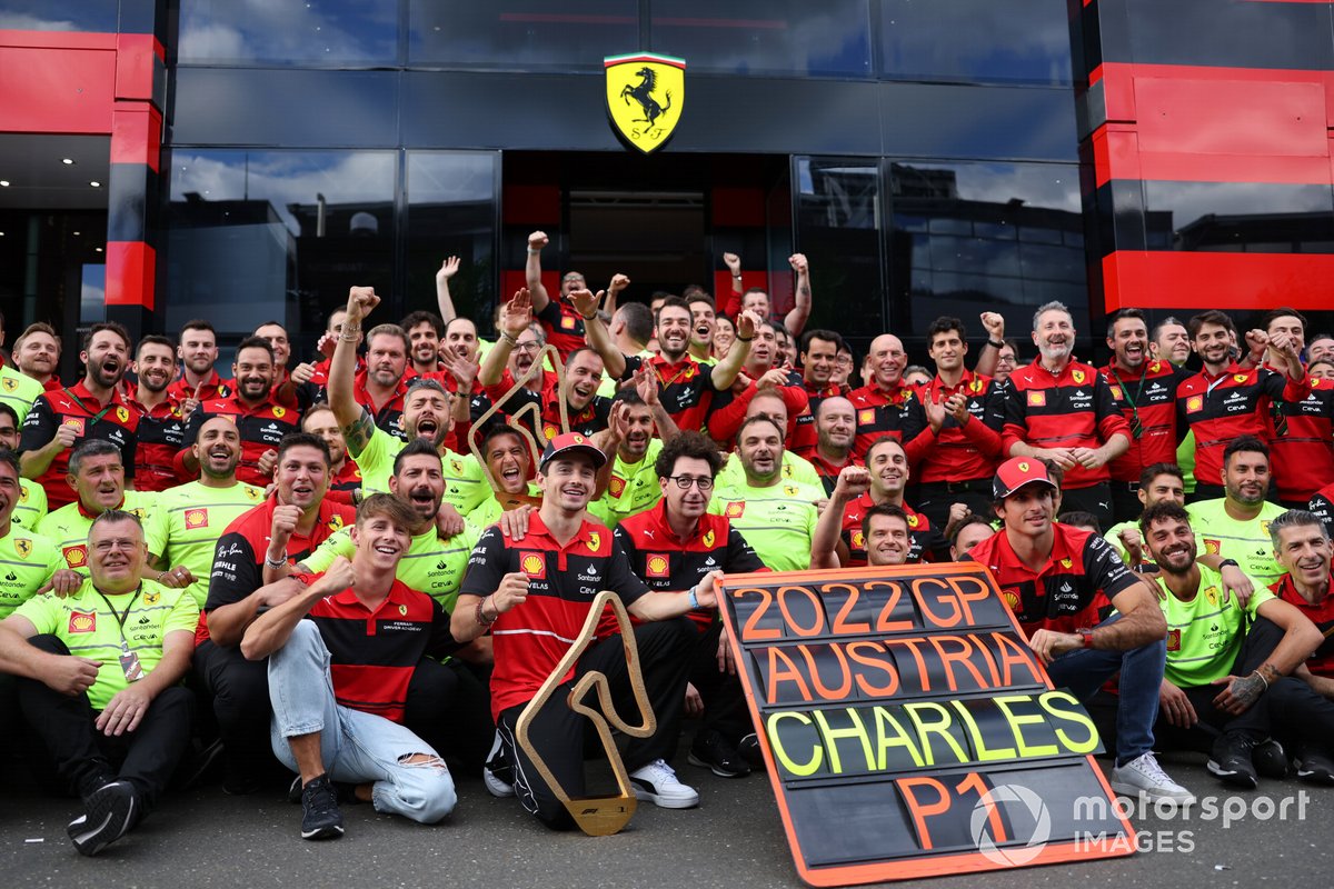 Charles Leclerc, Ferrari, 1st position, Mattia Binotto, Team Principal, Ferrari, Carlos Sainz, Ferrari, the Ferrari team celebrate victory