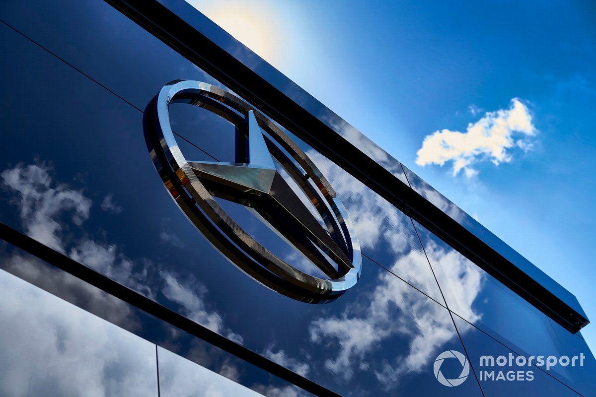 Mercedes logo on the Mercedes garage in the paddock
