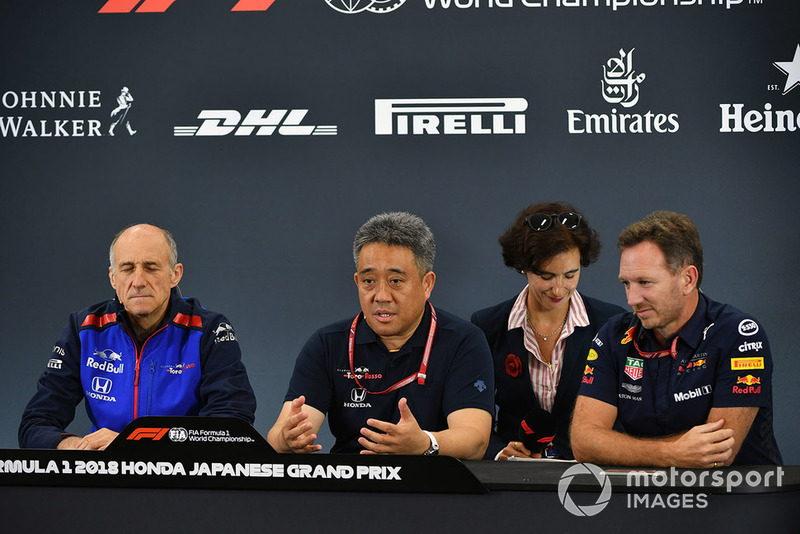 Franz Tost, Scuderia Toro Rosso Team Principal, Toyoharu Tanabe, Honda F1 Technical Director and Christian Horner, Red Bull Racing Team Principal in the Press Conference