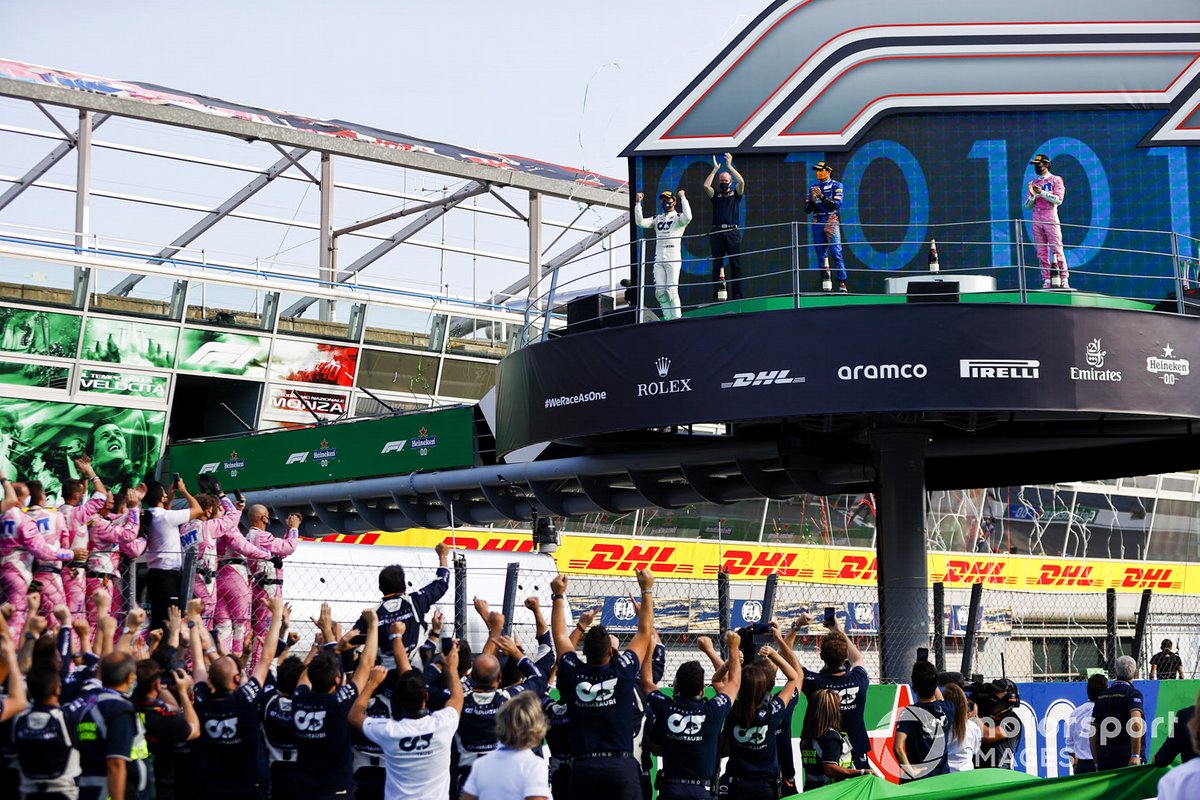 Pierre Gasly, AlphaTauri, 1st position, Carlos Sainz Jr., McLaren, 2nd position, and Lance Stroll, Racing Point, 3rd position, on the podium