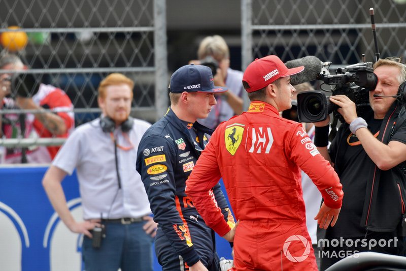 Pole man Max Verstappen, Red Bull Racing, and Charles Leclerc, Ferrari, after Qualifying