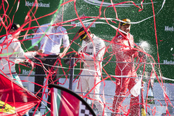 Second place Valtteri Bottas, Mercedes AMG F1, Race winner Third place Lewis Hamilton, Mercedes AMG F1 Sebastian Vettel, Ferrari, celebrate, Champagne on the podium