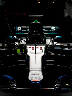 The nose and front wing detail of Lewis Hamilton, Mercedes-Benz F1 W08 in the garage