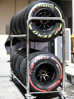 Red, soft, yellow, super soft, Pirelli tyres in a trolley rack