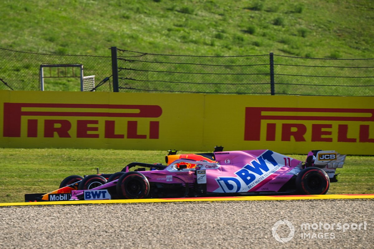 Alex Albon, Red Bull Racing RB16, battles with Sergio Perez, Racing Point RP20