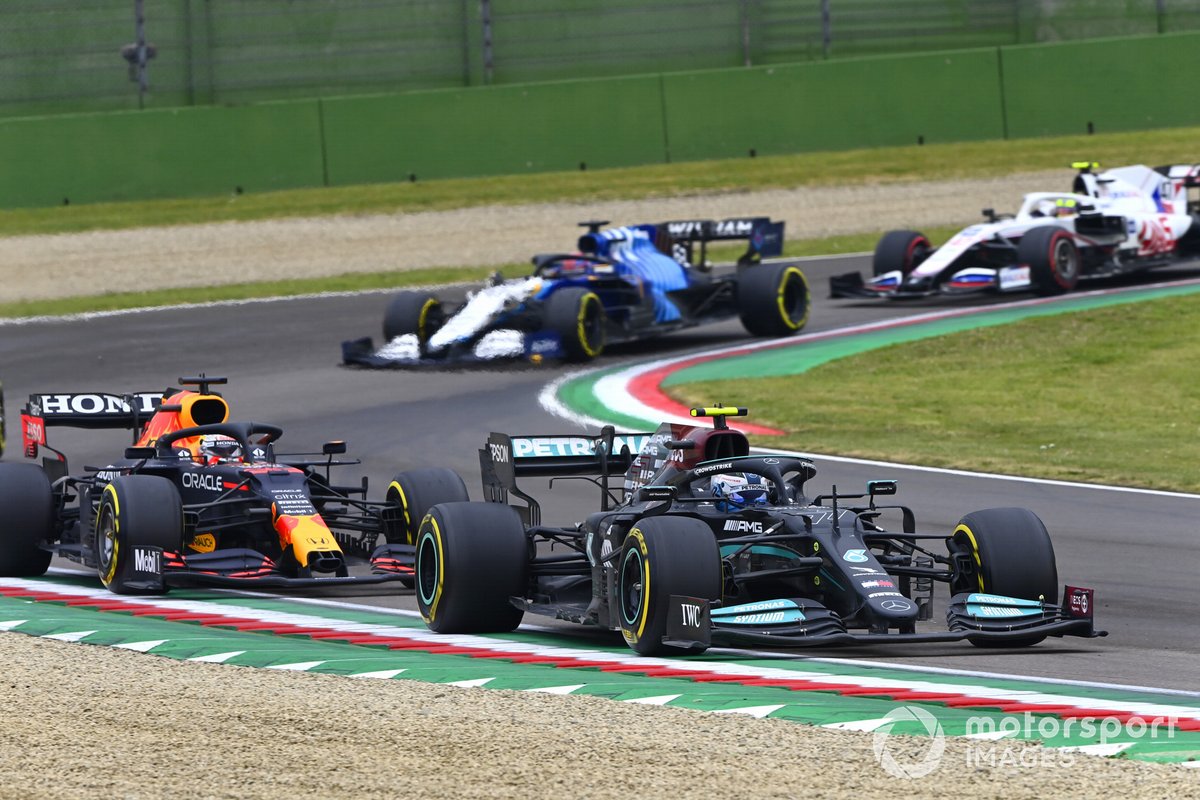 Valtteri Bottas, Mercedes W12, Max Verstappen, Red Bull Racing RB16B, and George Russell, Williams FW43B.