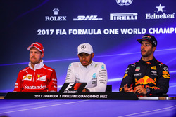 Sebastian Vettel, Ferrari Lewis Hamilton, Mercedes AMG F1 and Daniel Ricciardo, Red Bull Racing in the Press Conference