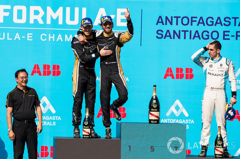 Jean-Eric Vergne, Techeetah, Andre Lotterer, Techeetah make up the first 1st 2nd finish in Formula E history with Sébastien Buemi, Renault e.Dams, in 3rd