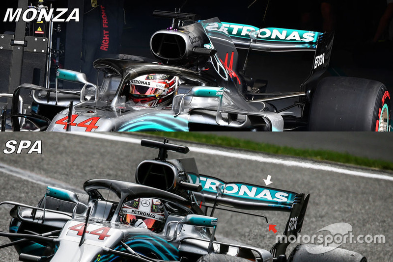Mercedes W09, comparazione delle ali posteriori di Spa e Monza