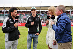 (L to R): Sergio Perez, Sahara Force India F1 and team mate Nico Hulkenberg, Sahara Force India F1 with Rachel Brookes, Sky Sports F1 Reporter and Martin Brundle, Sky Sports Commentator