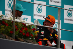 second place Lewis Hamilton, Mercedes AMG F1, Max Verstappen, Red Bull Racing, race winner, talk on the podium