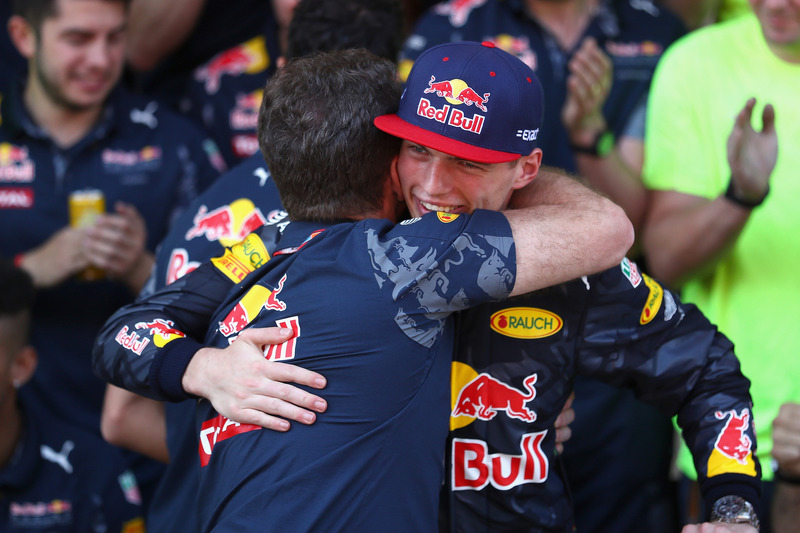 Christian Horner, Red Bull Racing Team Principal congratulates Max Verstappen, Red Bull Racing after
