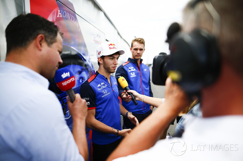 Pierre Gasly, Toro Rosso, talks to the media