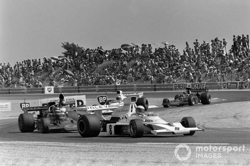 Jody Scheckter, McLaren M23 Ford, Ronnie Peterson, Lotus 72E Ford and Jackie Stewart, Tyrrell 006 Ford