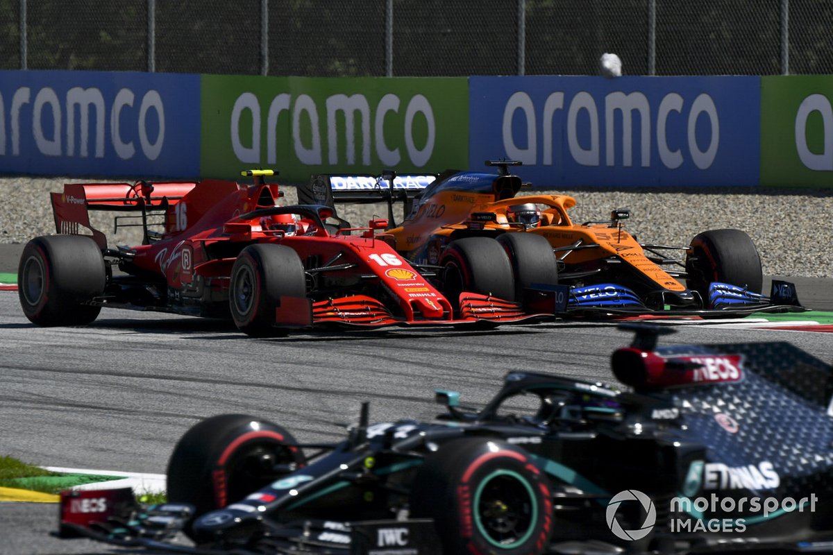 Lewis Hamilton, Mercedes F1 W11 EQ Performance, leads Charles Leclerc, Ferrari SF1000, and Carlos Sainz Jr., McLaren MCL35