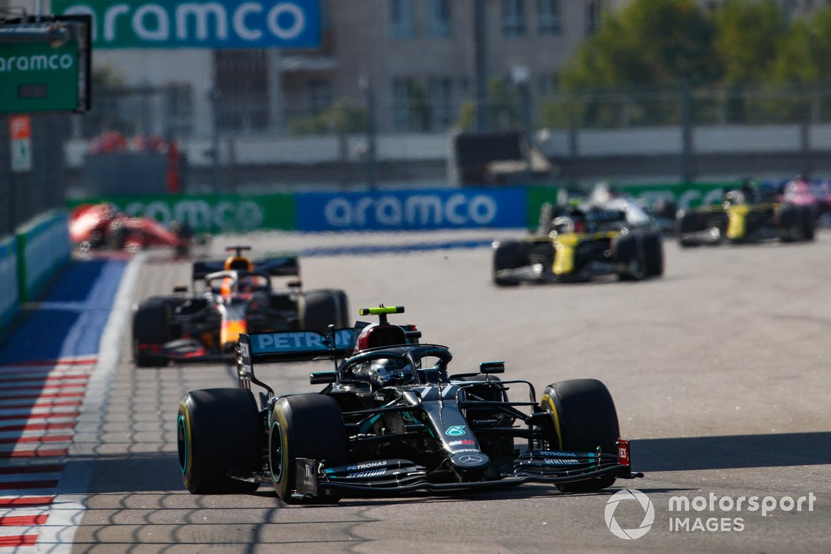 Valtteri Bottas, Mercedes F1 W11, Max Verstappen, Red Bull Racing RB16, and Esteban Ocon, Renault F1 Team R.S.20