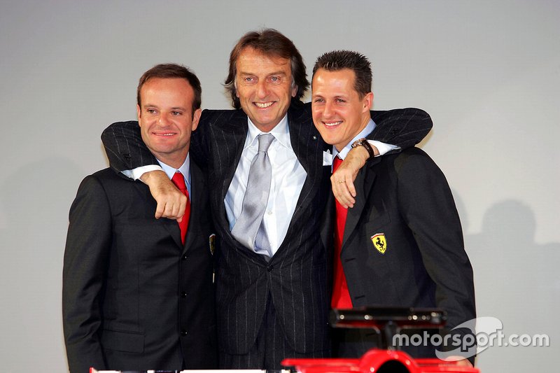 Luca Di Montezemolo, Ferrari President, with drivers Rubens Barrichello and Michael Schumacher, at the launch of the F2005