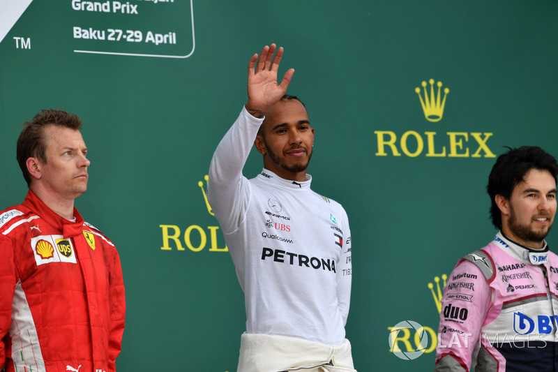 Podium: race winner Lewis Hamilton, Mercedes-AMG F1, second place Kimi Raikkonen, Ferrari, third place Sergio Perez, Force India