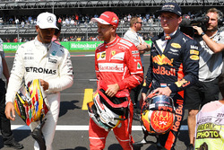 Lewis Hamilton, Mercedes AMG F1, pole sitter Sebastian Vettel, Ferrari and Max Verstappen, Red Bull