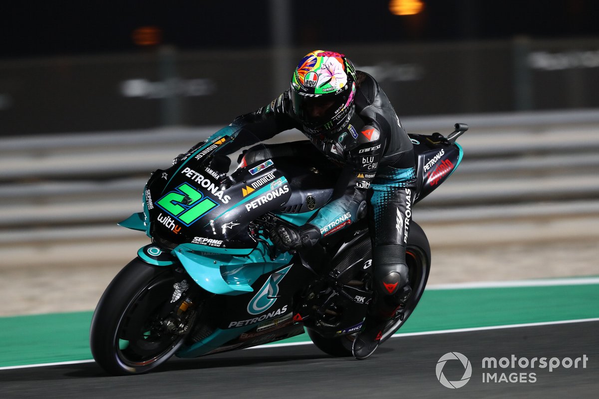 Franco Morbidelli, Petronas Yamaha SRT, bermasalah dengan peredam kejut di lomba GP Qatar, Minggu (28/3/2021), yang belum diketahui penyebabnya.