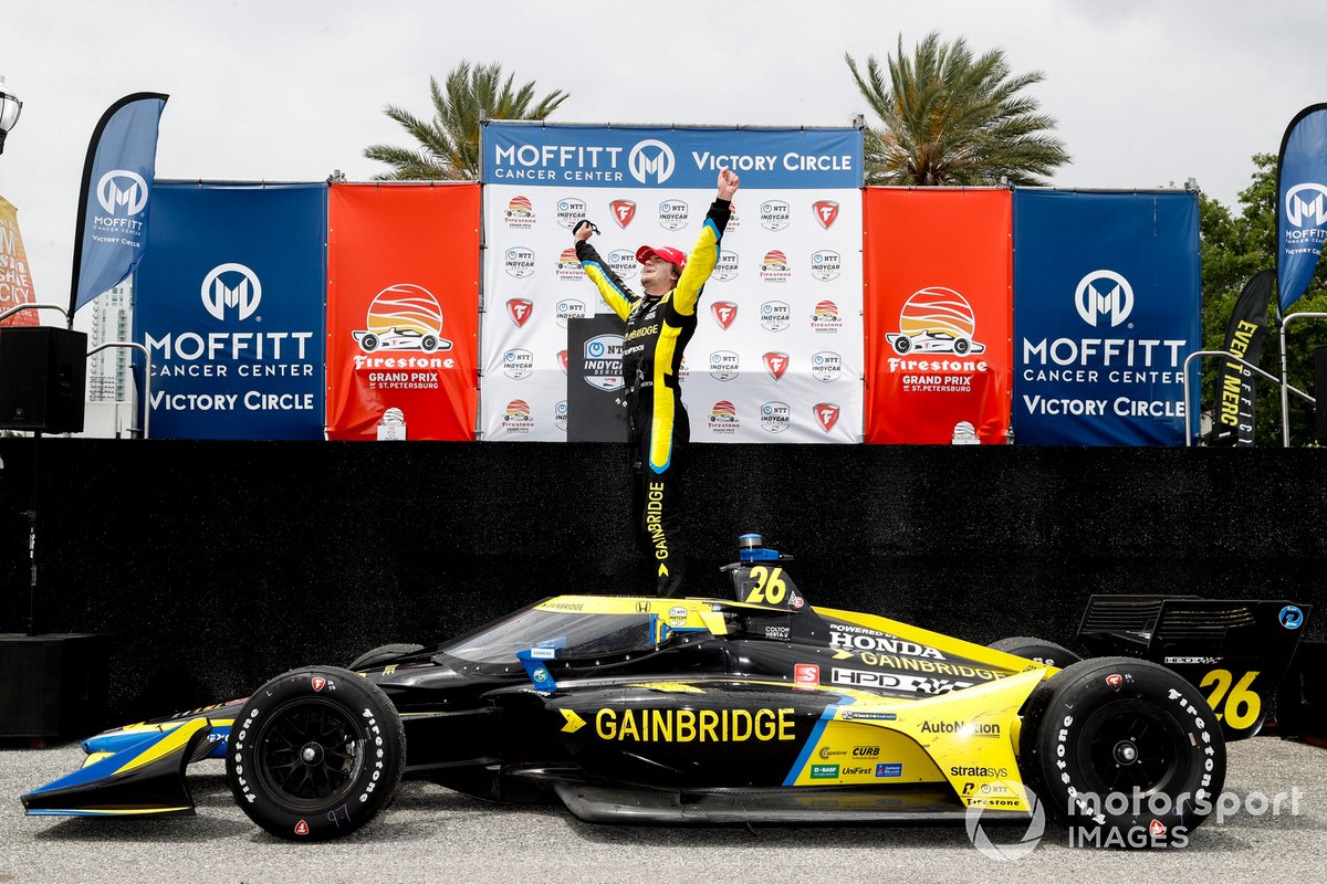 Race winner Colton Herta, Andretti Autosport Honda celebrating his victory