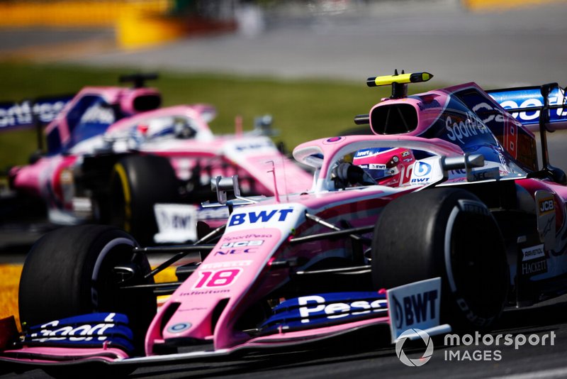 Lance Stroll, Racing Point RP19, leads Sergio Perez, Racing Point RP19