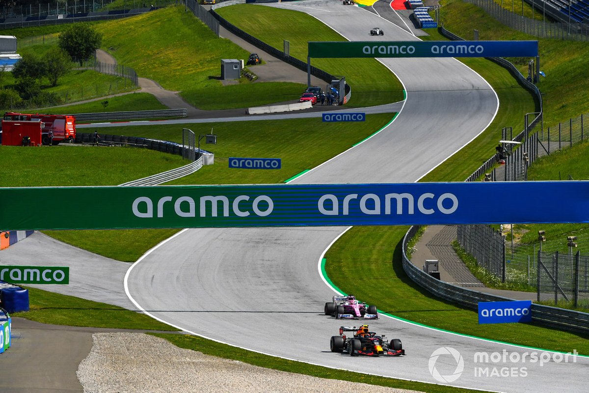 Alex Albon, Red Bull Racing RB16, leads Sergio Perez, Racing Point RP20