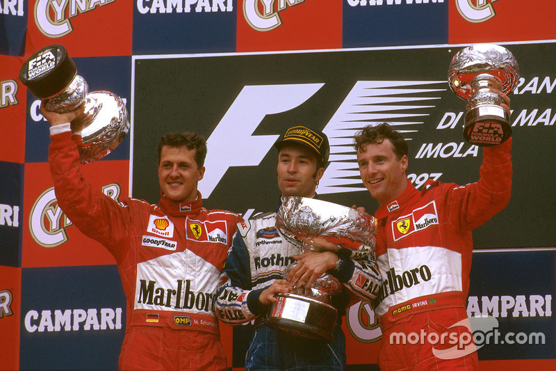GP San Marino 1997: Winnaar Heinz-Harald Frentzen met Michael Schumacher en Eddie Irvine
