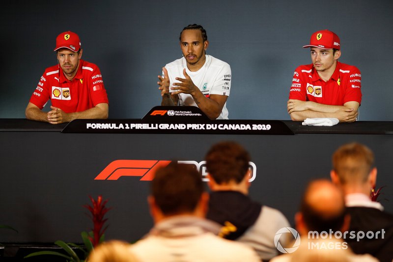 Sebastian Vettel, Ferrari, Lewis Hamilton, Mercedes AMG F1 and Charles Leclerc, Ferrari in Press Conference