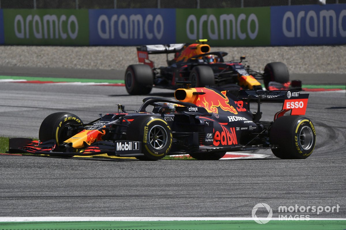 Max Verstappen, Red Bull Racing RB16, leads Alex Albon, Red Bull Racing RB16