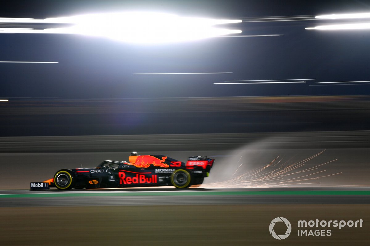 Sparks fly from Max Verstappen, Red Bull Racing RB16B