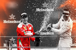 Sebastian Vettel, Ferrari e Nico Rosberg, Mercedes AMG F1, festeggiano sul podio