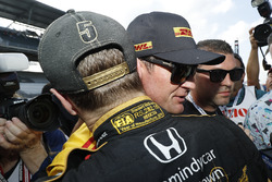 A sad James Hinchcliffe, Schmidt Peterson Motorsports Honda, after being bumped and a disappointing attempt at another qualifying run which was denied when time ran out. A hug from Ryan Hunter-Reay, Andretti Autosport Honda