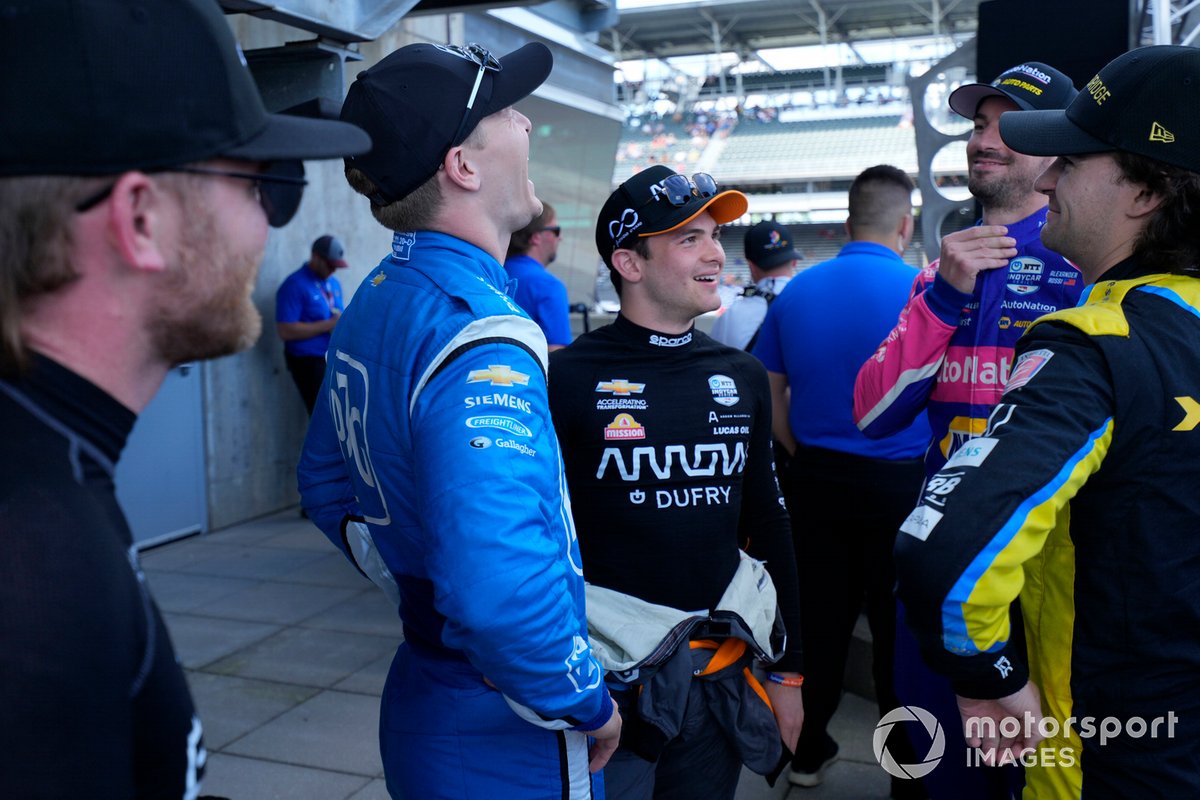 Patricio O'Ward, Arrow McLaren SP Chevrolet Josef Newgarden, Team Penske Chevrolet Alexander Rossi, Andretti Autosport Honda Colton Herta, Andretti Autosport w/ Curb-Agajanian Honda Conor Daly, Ed Carpenter Racing Chevrolet before the race