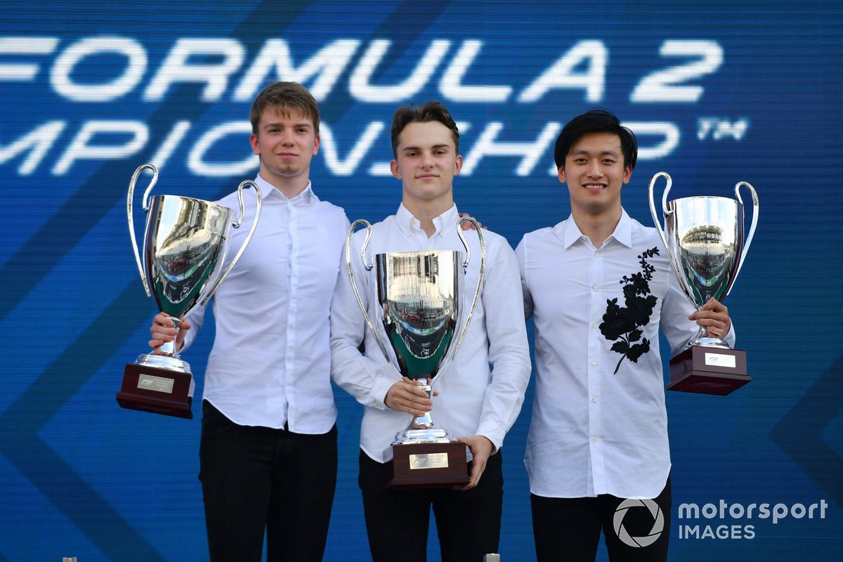 F2 Champion Oscar Piastri, Prema Racing, and runners up Robert Shwartzman, Prema Racing, and Guanyu Zhou, Uni-Virtuosi Racing