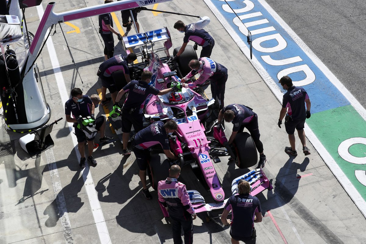 Sergio Perez, Racing Point RP20, in the pits