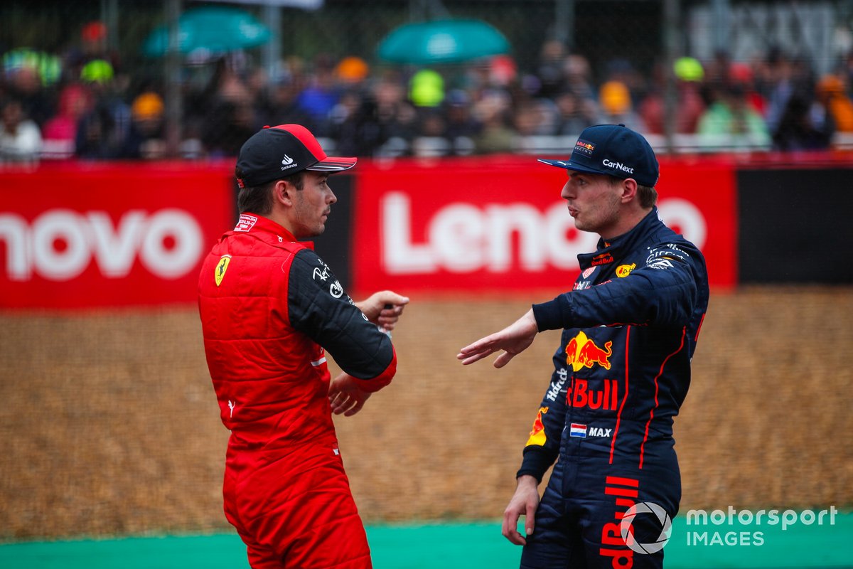 Charles Leclerc, Ferrari, talks to Max Verstappen, Red Bull Racing, after qualifying
