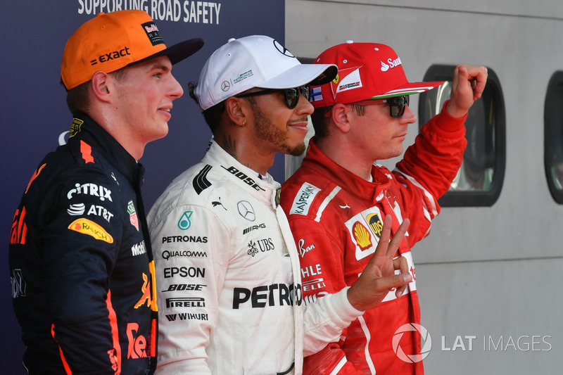 Max Verstappen, Red Bull Racing, pole sitter Lewis Hamilton, Mercedes AMG F1 and Kimi Raikkonen, Ferrari in parc ferme