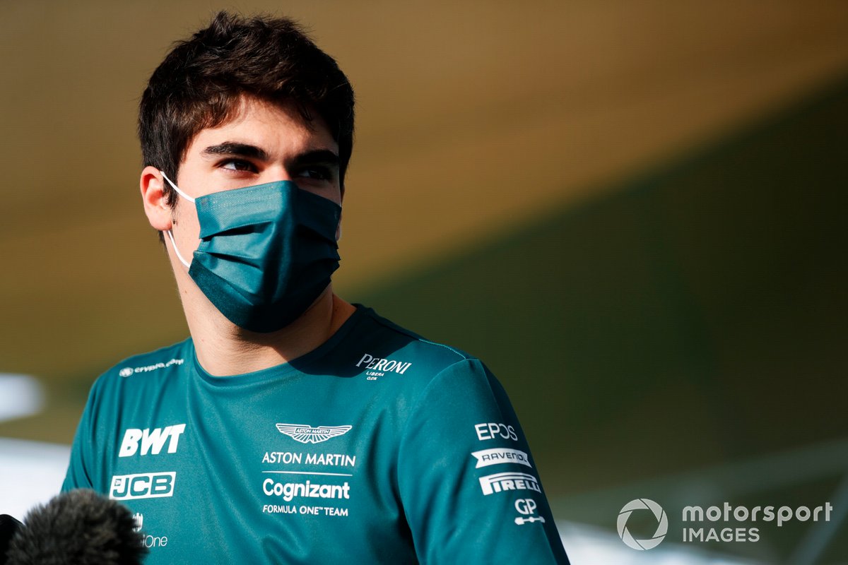 Lance Stroll, Aston Martin speaks to the media