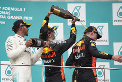 second place third place Lewis Hamilton, Mercedes AMG F1 Daniel Ricciardo, Red Bull Racing, Max Verstappen, Red Bull Racing, race winner, celebrate, Champagne on the podium