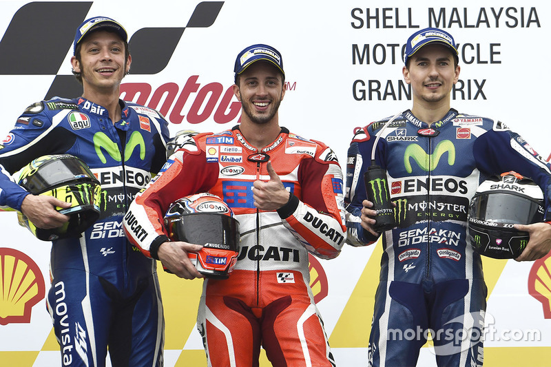 1. Andrea Dovizioso, 2. Valentino Rossi, 3. Jorge Lorenzo