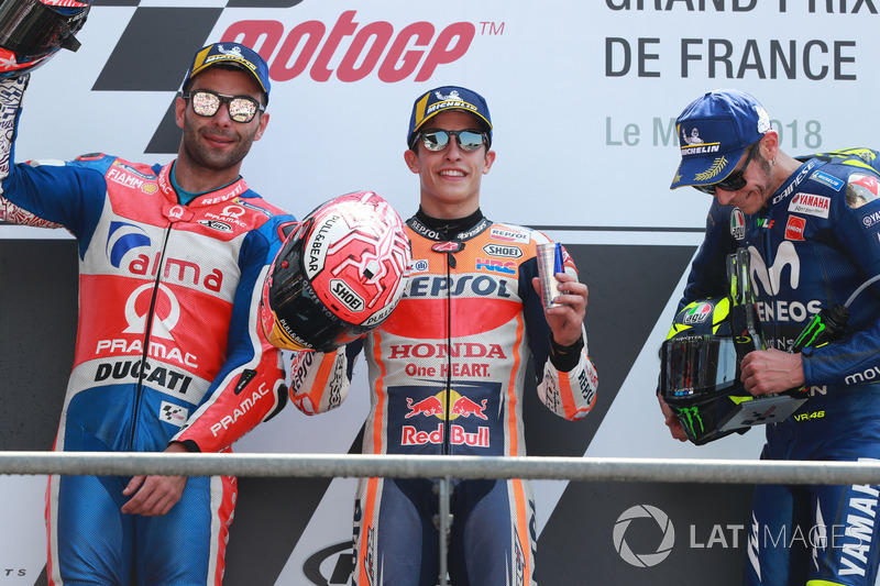 Race winner Marc Marquez, Repsol Honda Team, second place Danilo Petrucci, Pramac Racing, third place Valentino Rossi, Yamaha Factory Racing