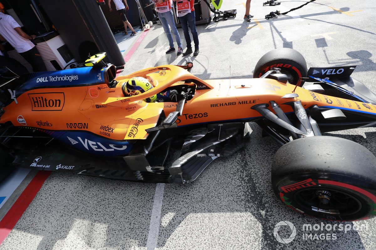 Lando Norris, McLaren MCL35M, leaves the garage