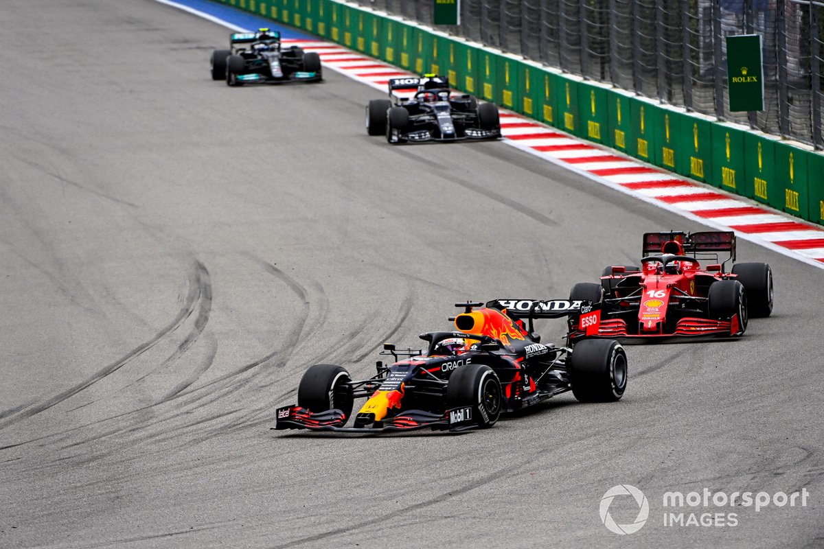 Max Verstappen, Red Bull Racing RB16B, Charles Leclerc, Ferrari SF21, and Pierre Gasly, AlphaTauri AT02