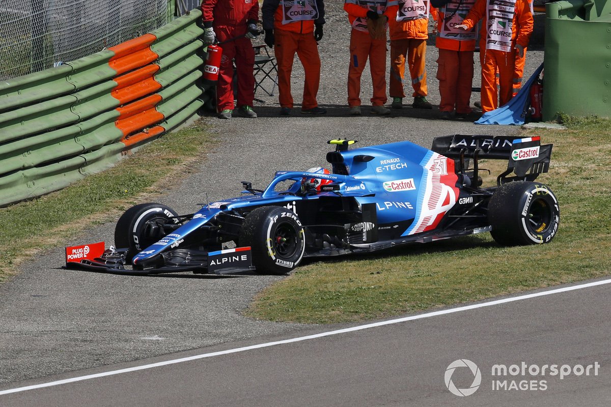 Esteban Ocon, Alpine A521, stops at the side of the circuit