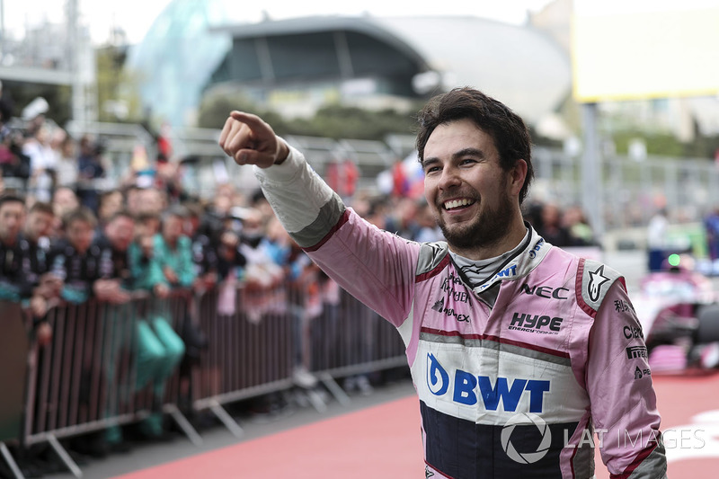 Third place Sergio Perez, Force India celebra en parc ferme
