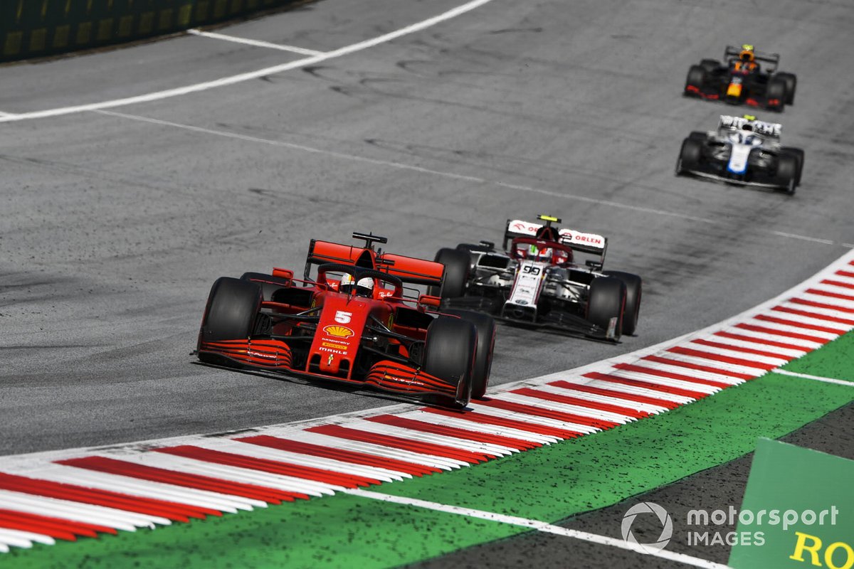 Sebastian Vettel, Ferrari SF1000, leads Antonio Giovinazzi, Alfa Romeo Racing C39, and Nicholas Latifi, Williams FW43