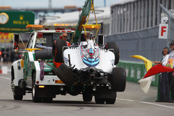 The Williams FW38 of Felipe Massa, Williams is recovered back to the pits on the back of a truck aft