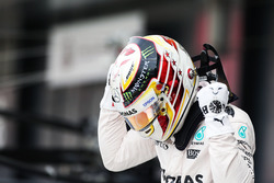 Lewis Hamilton Mercedes AMG F1 celebrates his pole position in parc ferme