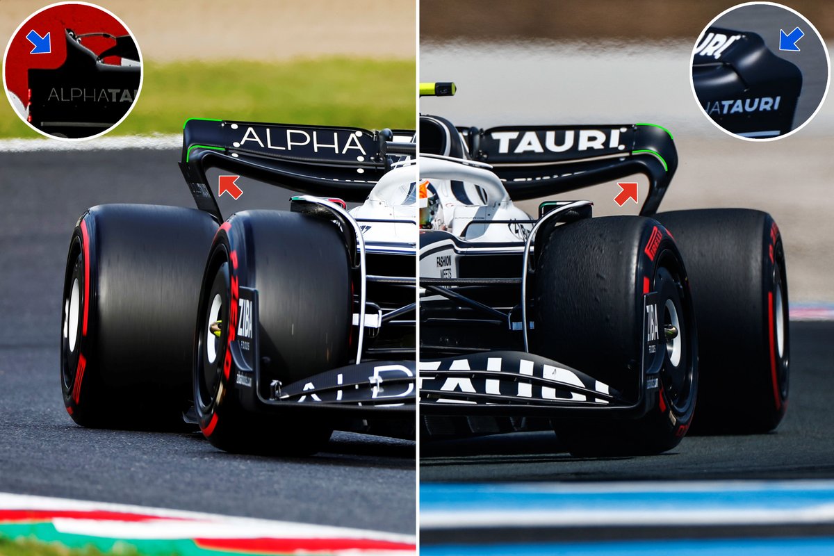 De vergelijking van de achtervleugel die Alpha Tauri AT03 in Japan (links)
gebruikte en het exemplaar van Frankrijk (rechts).